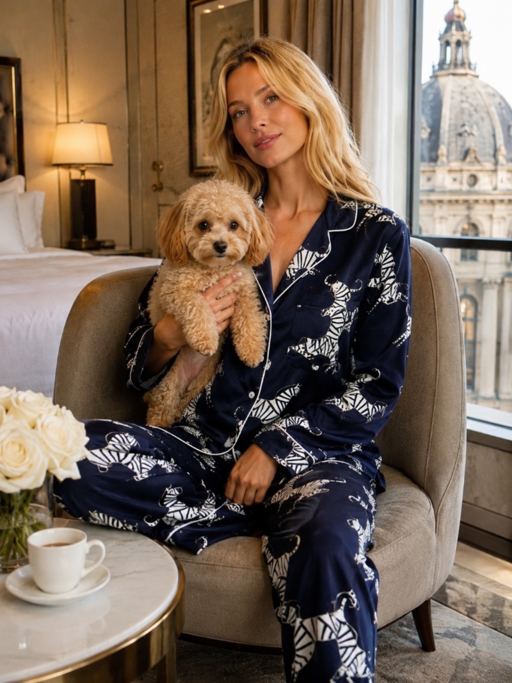 Olivia Von Halle Lila Zizi Zebra Silk Pajama Set Size S Navy Luxury Loungewear